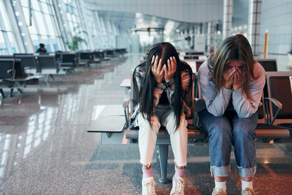 two girls sad at the airport